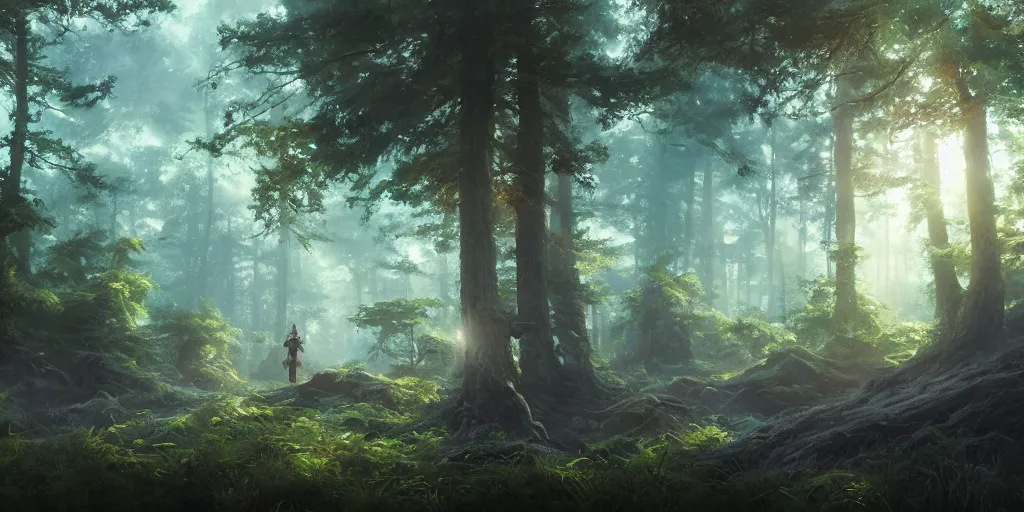 Prompt: a forest, highly detailed oil painting, hyperrealistic, cinematic lighting, Studio Ghibli, Jessica Rossier, digital art, octane render, epic composition, trending on artstation, masterpiece