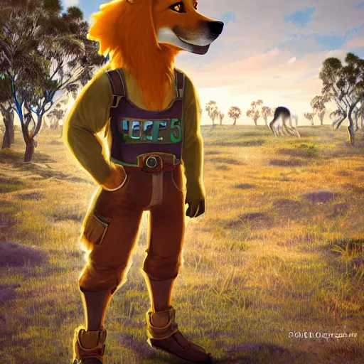 Image similar to stylized three quarters portrait concept art of the anthro anthropomorphic dingo dog head animal person fursona wearing clothes adventurer standing in australia outback, hidari, color page, tankoban, 4 k, tone mapping, akihiko yoshida, clean bright happy