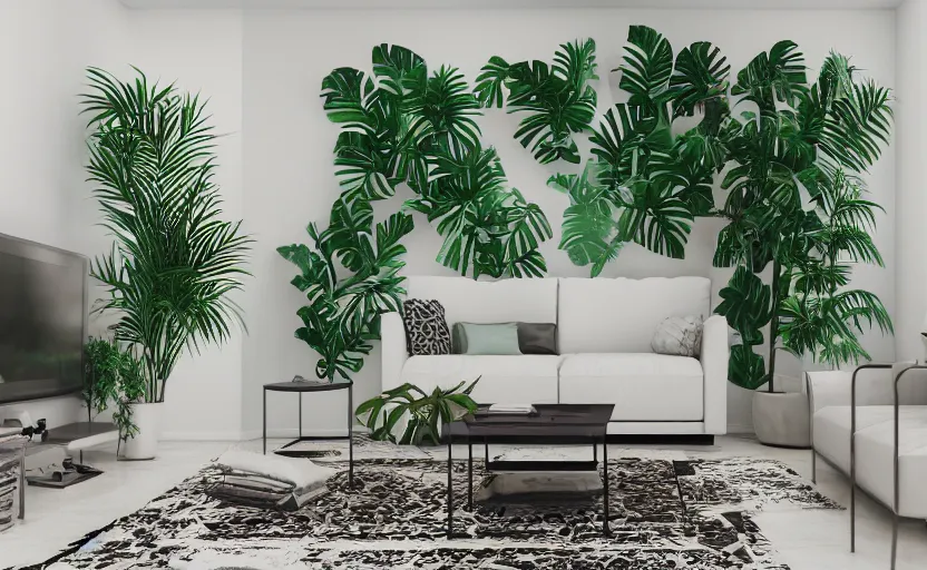 Prompt: empty room bohemian interior, big tv screen in the middle, tropical indoor plants, open shiny floor, v - ray render, high contras
