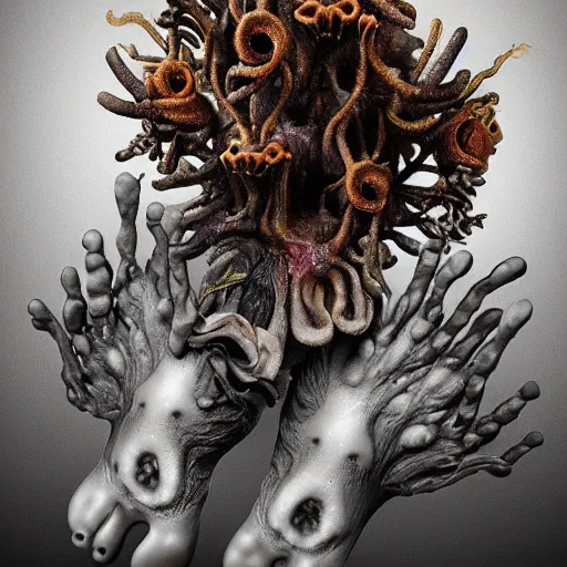 Image similar to disgusting hellish disturbing strange dutch golden age bizarre mutant flower floral still life with many human toes realistic human toes blossoming everywhere creepy insects very detailed fungus tumor disturbing tendrils bizarre slimy forms sprouting up everywhere by rachel ruysch christian rex van minnen black background chiaroscuro dramatic lighting perfect composition masterpiece high definition 8 k 1 0 8 0 p