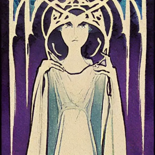 Image similar to a cloaked mage casting a magic spell from her hand toward an ice castle, art nouveau