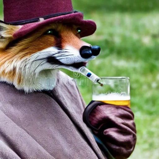 Image similar to a polygamous fox with a hat drinking beer and smoking e - cigarette, stock photo