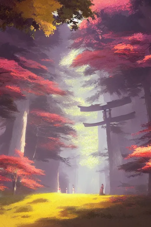 Prompt: Japanese Torii in a colorful moutain with trees ,morning , by studio ghibli painting, superior quality, masterpiece, by Grzegorz Rutkowski, concept art