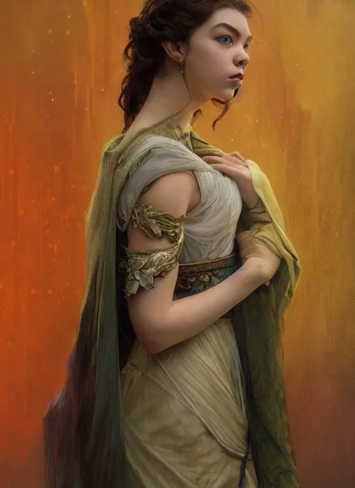 Image similar to a realistic detail portrait of a beautiful queen look like Anya taylor-joy in middle earth, raining, thunder, magic, dragon, oil painting by Alphonse mucha, Julian calle, wlop, greg rutkowski, Finnian MacManus, Syd mead Trending on artstation, red and yellow scheme, 8k, Unreal Engine