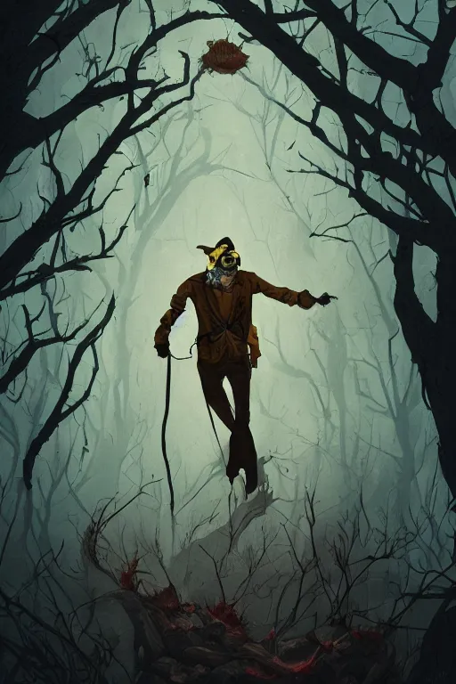 Image similar to the man in the yellow hat in sleepy hollow, full body, big two toned eyes, teeth gritted, horror, intricate details, cinematic, epic, realistic, anatomy, tomer hanuka, uplight, artstation, photorealistic, scary