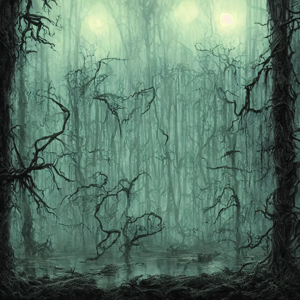 Image similar to a dark lush haunted swamp forest at night, upward cinematic angle, swamp horror, by Michael Kaluta, P. Craig Russell and Andreas Rocha, eerie moonlight, beautiful composition, intricate, elegant, digital art, detailed, mixed media painting, hyperrealistic, sharp focus, 8k