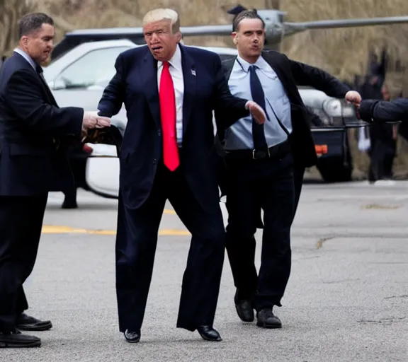 Prompt: Candid photo of Donald Trump being arrested by three FBI agents, Reuters, AP Press photo, long lens, sony a7s camera, 4K