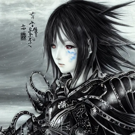 Image similar to Yoshitaka Amano realistic illustration of an anime girl with black eyes, wavy white hair fluttering in the wind and cracks on her face wearing Elden ring armour with engraving, abstract black and white patterns on the background, noisy film grain effect, highly detailed, Renaissance oil painting, weird portrait angle, blurred lost edges, three quarter view