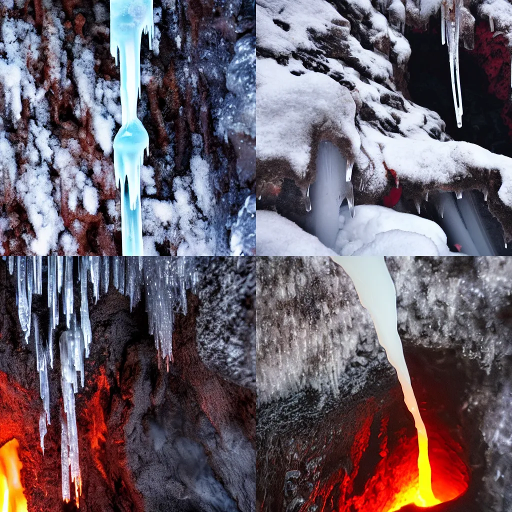 Prompt: An icicle dripping lava in a fire cave.