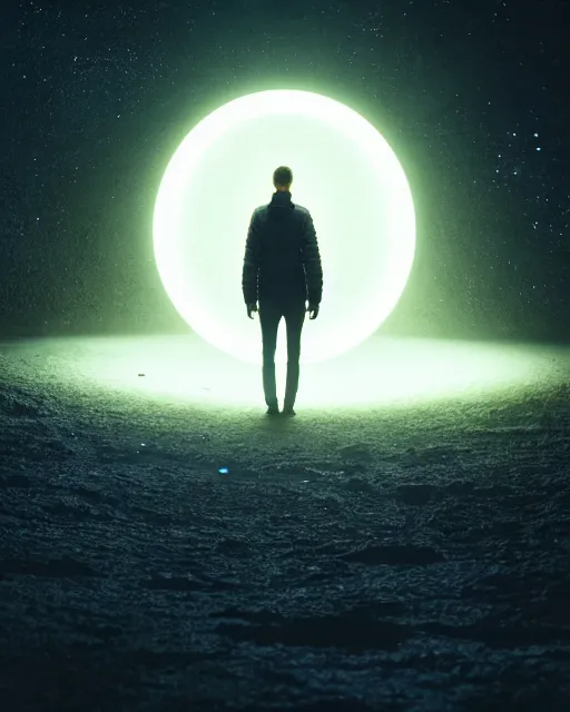 Image similar to a person standing in front of a glowy open door that's on a barren moon, poster art by mike winkelmann, trending on cg society, space art, sci - fi, ue 5, futuristic, volumetric lighting, light casting onto the ground, neat composition and camera angle