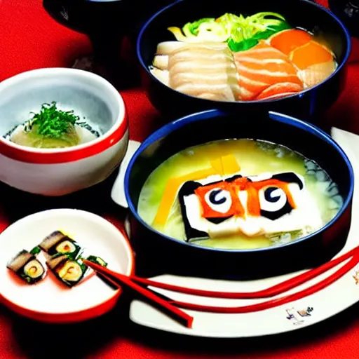 Image similar to hayao miyazaki studio ghibli ramen and sushi cooking anime