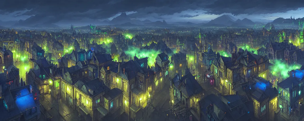 Prompt: a beautiful hyper - realistic 3 d matte aerial photograph of a d & d town, mostly with royal blue and lime green accents, dynamic lighting, cinematic lighting, by greg rutkowski, thomas kinkade, raphael lacoste, sparth, isometric view, video game art, high resolution, 1 6 k, photobash, f 1 6