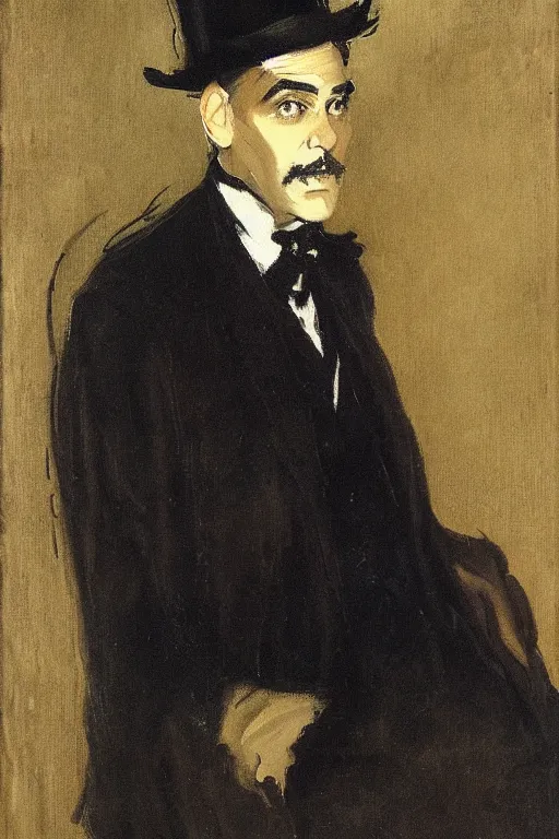 Image similar to portrait of george clooney as a gentleman wearing an edwardian suit and top hat by walter sickert, john singer sargent, and william open