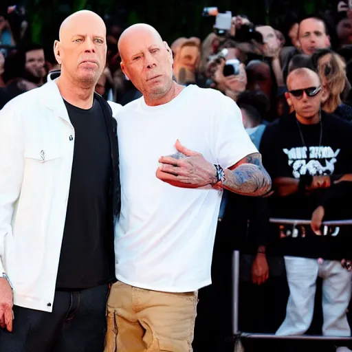 Image similar to Eminem with Bruce Willis, seen from behind, sunset, Canon EOS 1000D, ƒ/3.5, focal length: 18.0 mm, exposure time: 1/5, ISO 400, flash on.