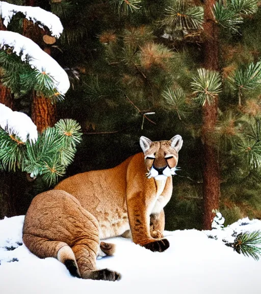 Image similar to damaged postcard of 'a cougar sleeping in the middle of snowy pine tree' laying on coffee table, zoomed out shot