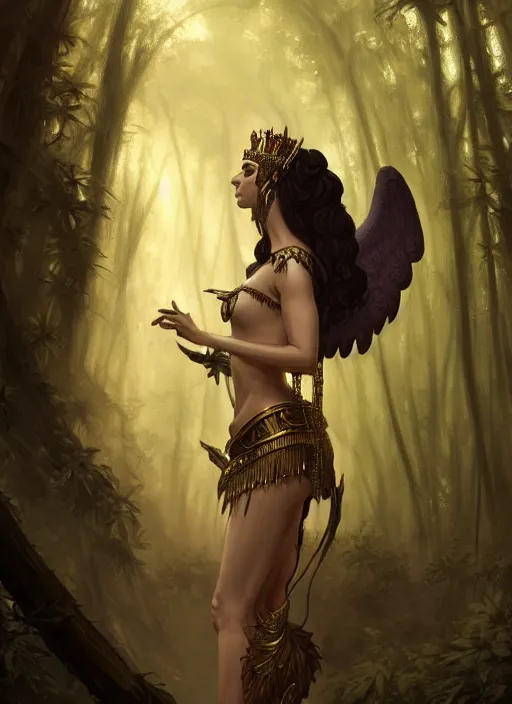 Prompt: cleopatra as the angel of death in a forest, deep focus, d & d, fantasy, intricate, elegant, highly detailed, digital painting, artstation, concept art, matte, sharp focus, illustration, hearthstone, art by artgerm and greg rutkowski and alphonse mucha