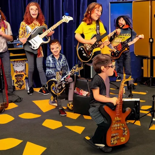 Image similar to bumblebee rock band with instruments on stage from an archie comic book