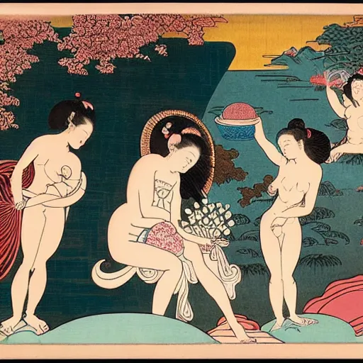 Image similar to The body art shows Venus seated on a crescent moon. She is surrounded by the goddesses Ceres and Bacchus, who are both holding cornucopias. Twitter, Corinthian architecture by Katsushika Hokusai, by Fernand Toussaint energetic, relaxed