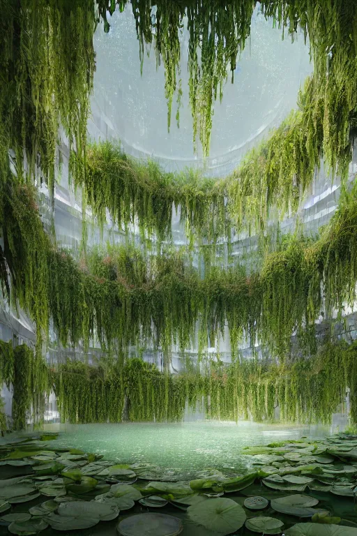 Prompt: A beautiful overgrown office interior flooded with crystal clear water, lily pads, thick and rich vines on the walls, tall ceiling, digital art, trending on Artstation