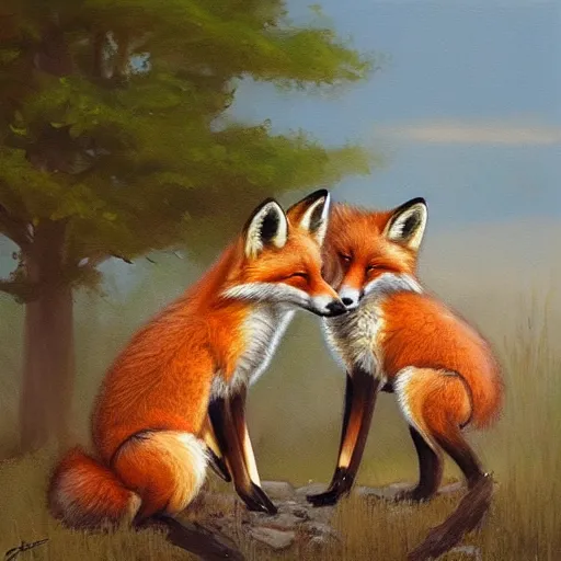 Prompt: a cute, meaningful, and profound oil painting of three foxes playing artstation james gurney