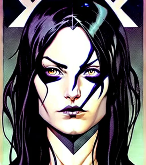 Prompt: artgerm, joshua middleton comic cover art, pretty friendly phoebe tonkin eye of horus painted under one of her eyes, as death sandman comic death appears as a young, attractive, slim, she has very pale skin, dark eyes, long black hair, she prefers to dress casually and she wears black clothing