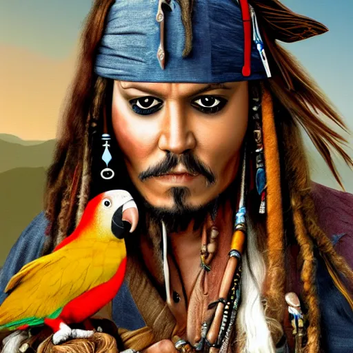 Image similar to jack sparrow with a parrot on the shoulder, portrait, 8k resolution, hyper detailed, realistic eyes