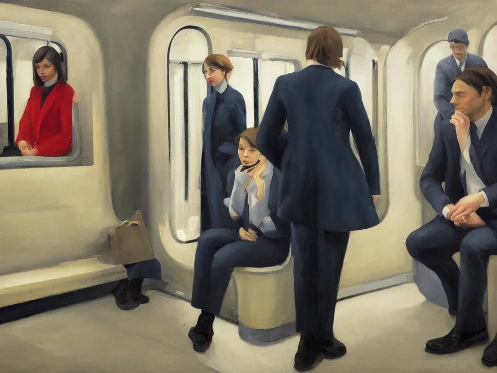 Image similar to an oil painting by Edward Hopper, 3/4 low angle view wide shot of two people sitting in an empty Chicago subway train, in front of windows: a sad Aubrey Plaza in a parka and a friendly Mads Mikkelsen in a suit