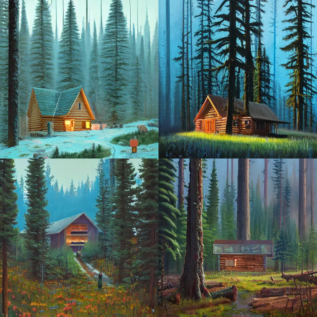 Prompt: Cabin in the woods, Oregon in spring by Simon Stålenhag, cottagecore, oil on canvas