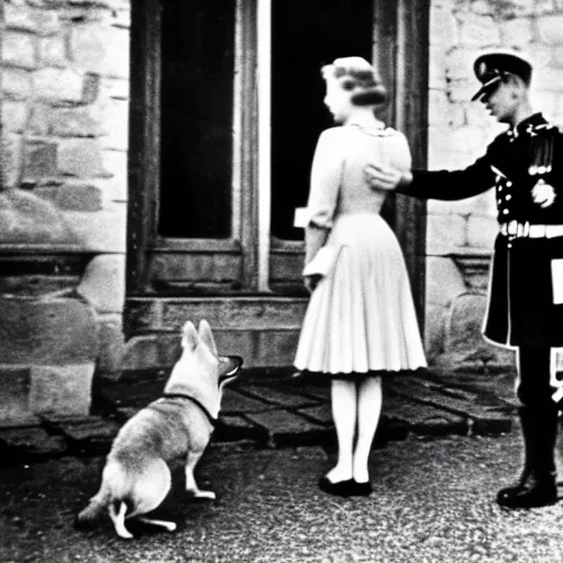 Image similar to ultra wide 1 9 4 6 blurry historical photo of a single german general bowing to a young queen elizabeth in a french village, her corgis are next to her highly detailed, sharp focus