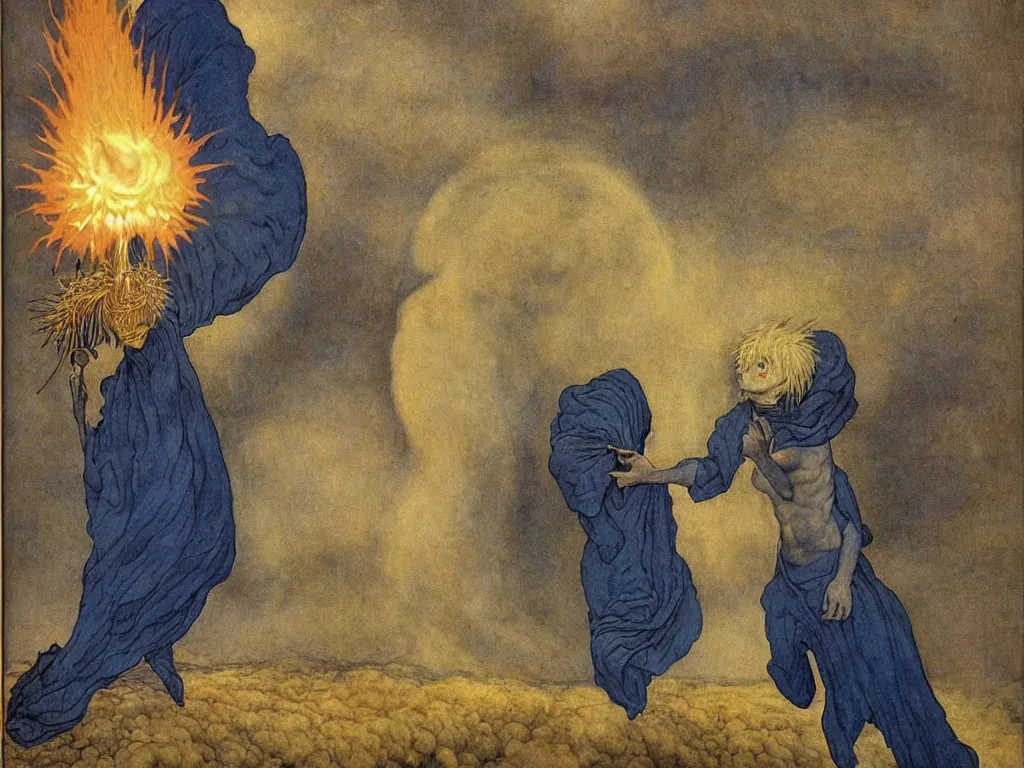 Prompt: Portrait of thistle headed albino demigod in a white cloth taming the nuclear explosion. Sculpting dark, blue smoke. Painting by Lucas Cranach, Moebius, Alfred Kubin