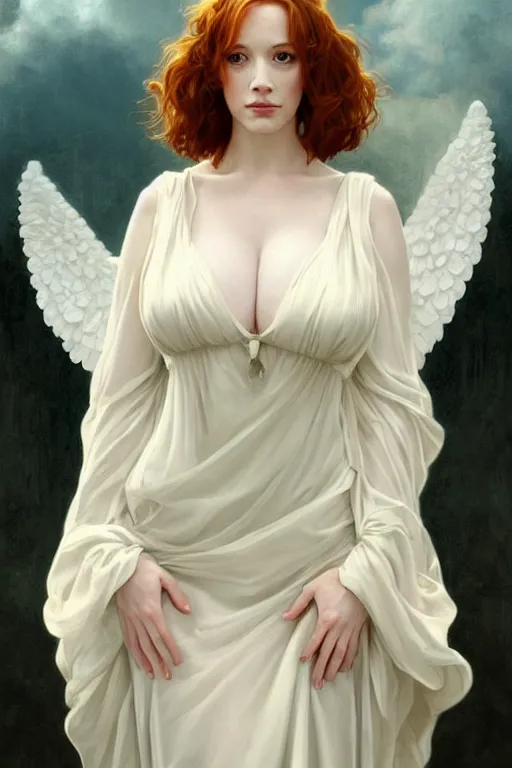 Image similar to symmetrical!! looking at the camera!!! a portrait of an angel young christina hendricks wearing a white silky dress, upper body, concept art, deep focus, sky, heaven, clouds, intricate, highly detailed, digital painting, artstation, matte, sharp focus, illustration, art by greg rutkowski and alphonse mucha