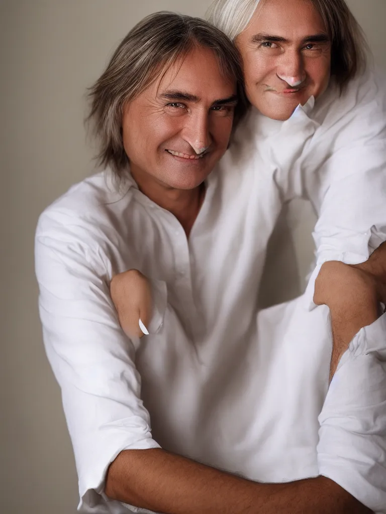 Prompt: portrait photograph of Braco the gazer ,wearing a white shirt high definition, serene smile, happy, dark brown eyes