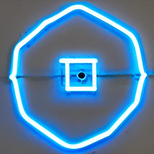 Image similar to a blue neon light hexagon with an door in the middle