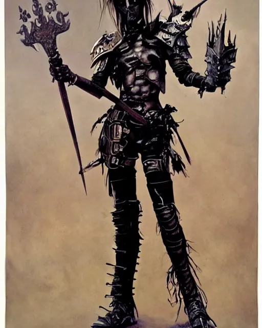 Image similar to portrait of an androgynous skinny punk goth warrior wearing armor by simon bisley, john blance, frank frazetta, fantasy