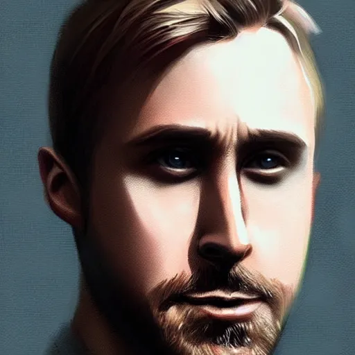 Image similar to “Portrait of Ryan Gosling by Greg Rutkowski, young, attractive, highly detailed portrait, scifi, digital painting, artstation, concept art, smooth, sharp foccus ilustration, Artstation HQ”