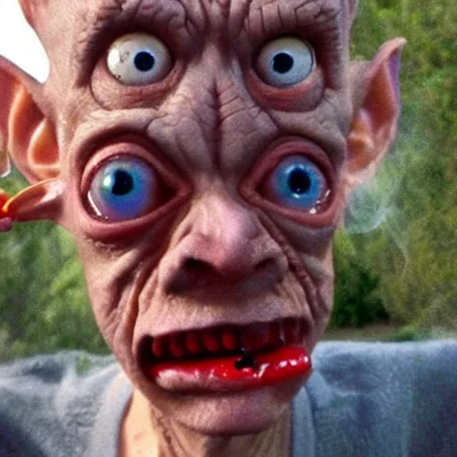 Image similar to Gollum with red eyes smoking blunt selfie