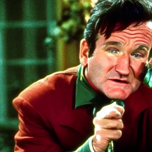 Image similar to award winning awe inspiring movie still of Robin Williams playing The Riddler