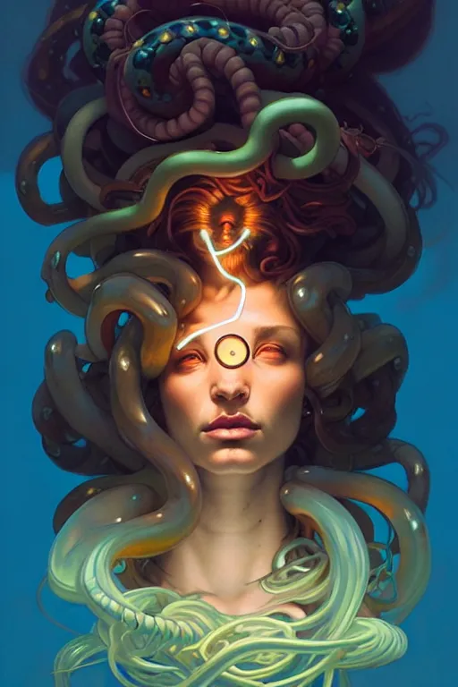 Prompt: portrait, bioluminescent medusa, elegant baroque, asymmetrical art, hyperrealism, colorful, vivid, imposing, epic, digital painting, artstation, concept art, by peter mohrbacher and wlop and rhads and artgerm and magali villeneuve and alphonse mucha