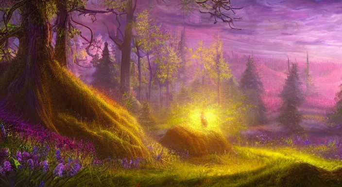 Image similar to A professional digital landscape painting of The Feywild forests overlooking a mansion, painted by Terese Nielsen, 4k, digital art, highly detailed, upper body shot, shallow depth of field, purple and yellow lighting, professional lighting, airbrush,