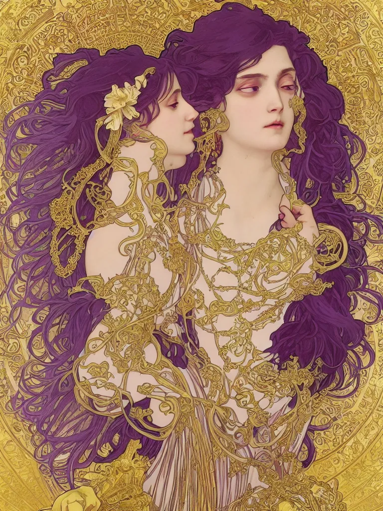 Image similar to thanatos, god of peaceful death, closed eyes, long hair, wearing ornate silk and lace clothes, gold jewelry, moon, purple feathers, by Alphonse Mucha, by artgerm, rule of thirds, super detailed, 8k