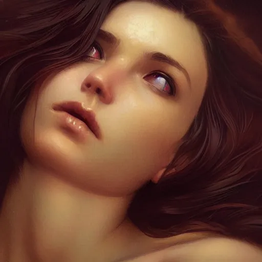 Image similar to foam floats around girl's mouth, closeup photo, dramatic lighting, intricate, wild, highly detailed, digital painting, artstation, concept art, smooth, sharp focus, illustration, art by artgerm and greg rutkowski and alphonse mucha, footage