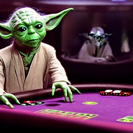 Prompt: film still of yoda gambling in las vegas casino in the new star wars movie 4 k 8 k