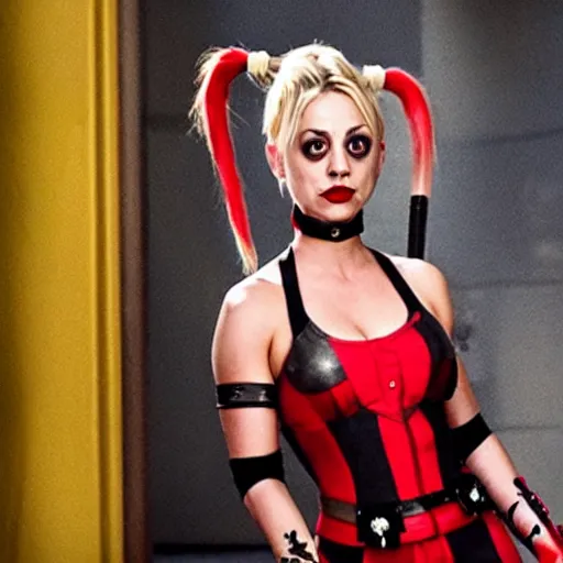 Image similar to A still of Kaley Cuoco as Harley Quinn