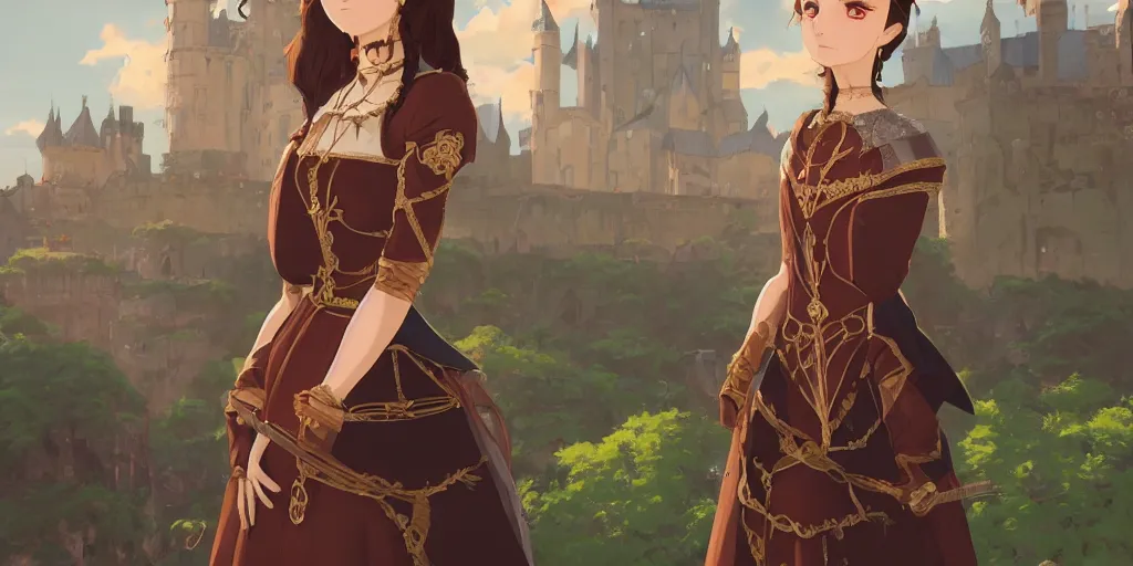 Image similar to portrait of elegant brunette as a medieval royalty, medieval castle background, shallow focus, rich vivid colors, ambient lighting, dynamic lighting, 4k, official media, anime key visual, makoto shinkai, ilya kuvshinov, lois van baarle, rossdraws, detailed, trending on artstation