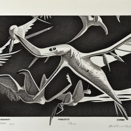 Prompt: escher print of pterodactyls