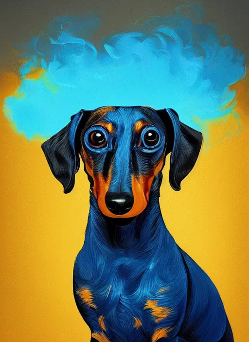 Image similar to a painting of a dachshund face with blue and yellow smoke coming out of, a digital painting by petros afshar, behance contest winner, digital art, behance hd, digital illustration, digital painting