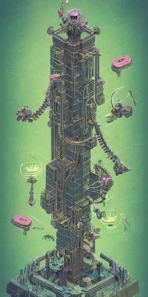 Prompt: isometric portrait of advanced alien, his last moment, mystical, intricate ornamental tower floral flourishes, technology meets fantasy, map, infographic, concept art, art station, style of monument valley, giger, wes anderson