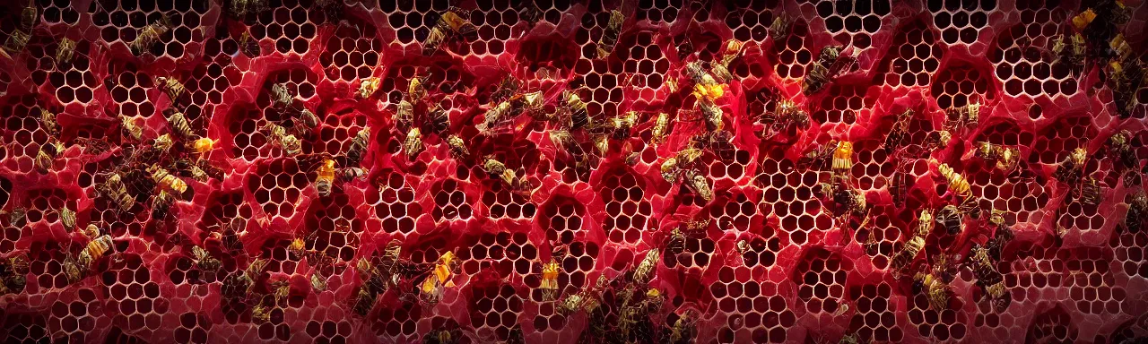 Image similar to crimson - black honeycomb dripping honey, bees flying, photorealistic, octane render, rtx, hdr, unreal engine, digital art widescreen 8 k