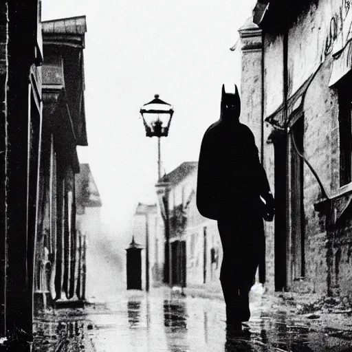 Prompt: 1900's photo of batman with frowning in deep alley street holding his emotion while walking slowly towards a street lamp, rain and smokes while the moon shines on his back, blurry, candid