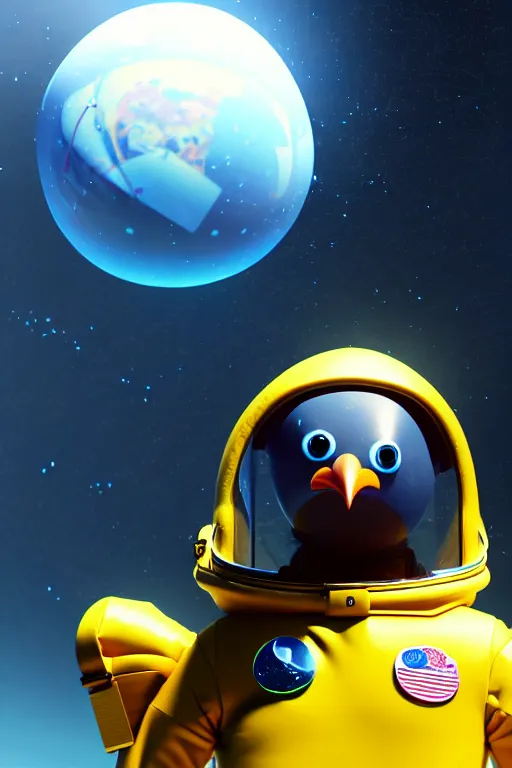 Image similar to a lonely chicken wearing a space suit without helmet in a alien planet, profile picture, digital art, concept art, trending on DeviantArt, highly detailed, high quality, 4K, cartoon, high coherence, path traced, blue sky in the background, octane render, digital painting, no helmet, masterpiece, anatomically correct, hyperrealistic